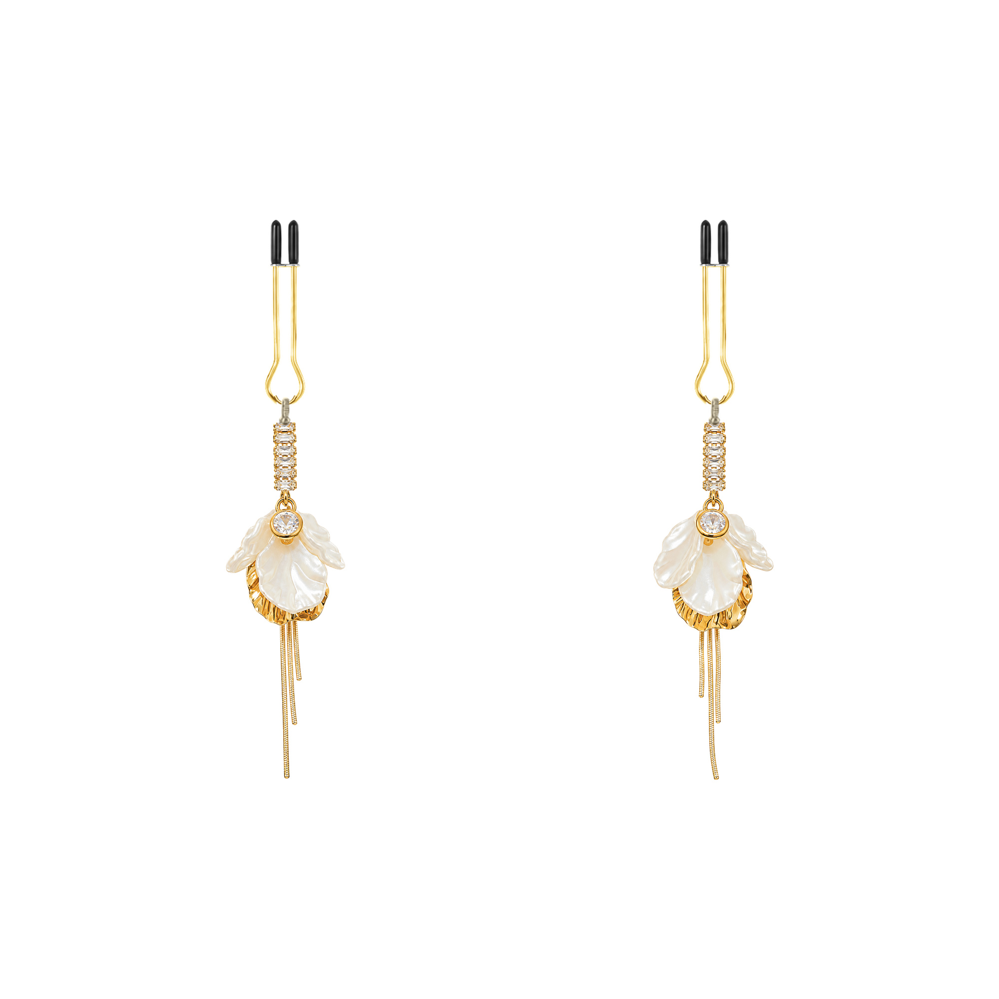 A pair of gold-tone non-piercing clips: translucent floral cluster with fine fringe