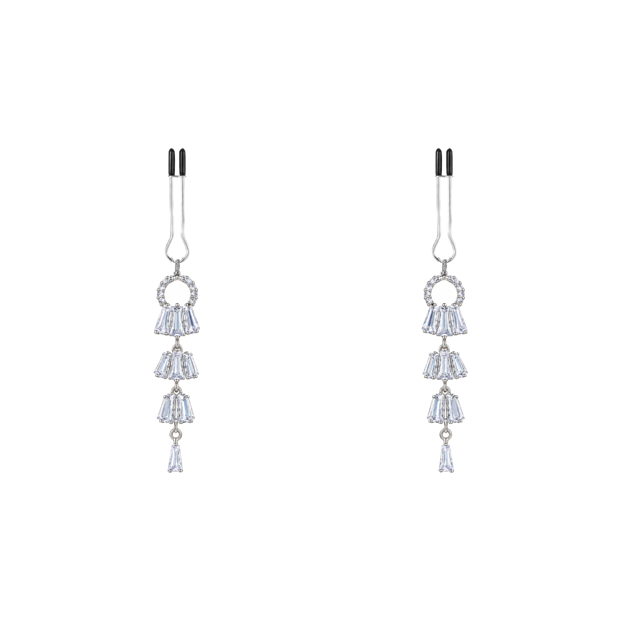 A pair of silver-tone non-piercing clips: stacked bell-shaped accents