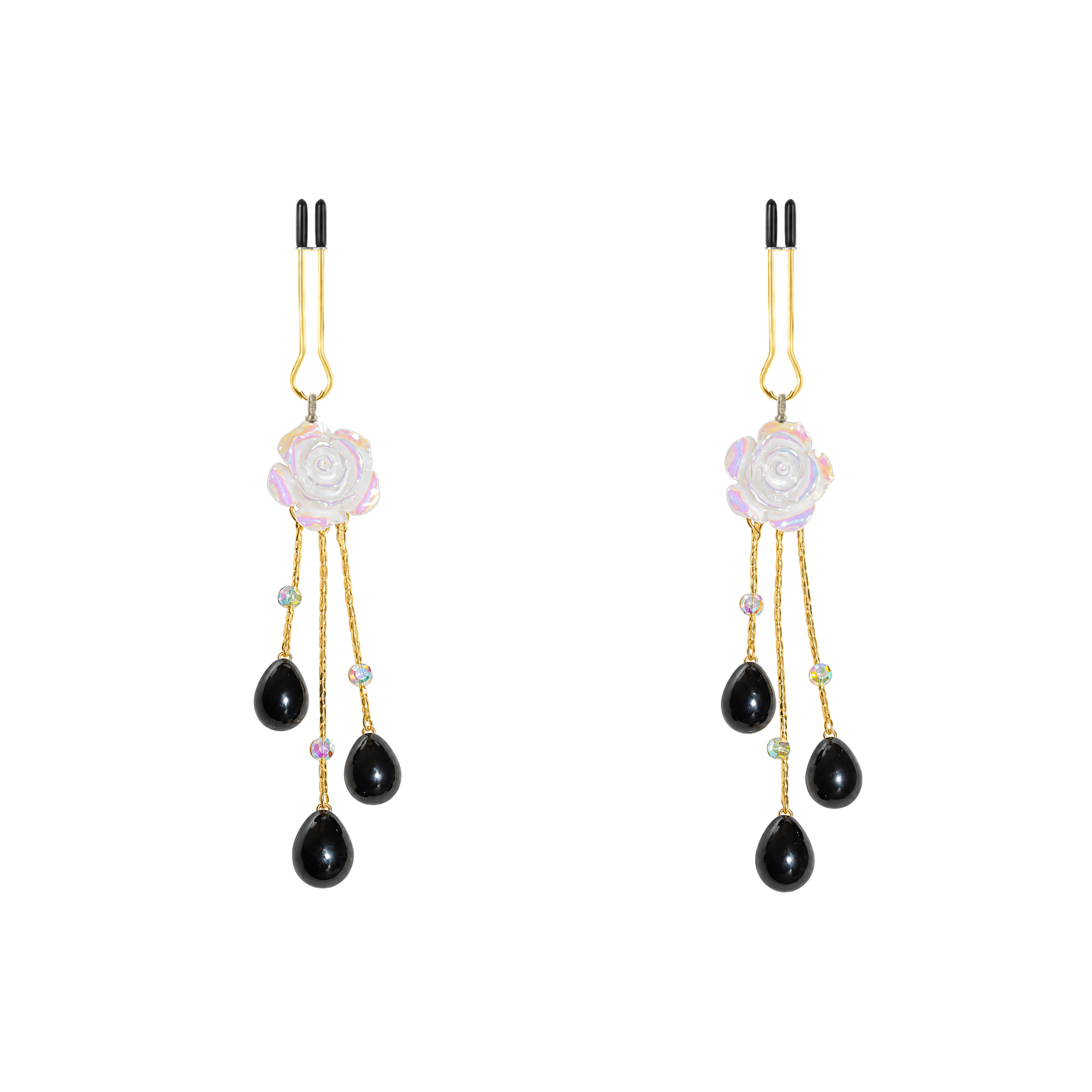 A pair of gold-tone non-piercing clips: pale floral motif with dark drop-shaped accents