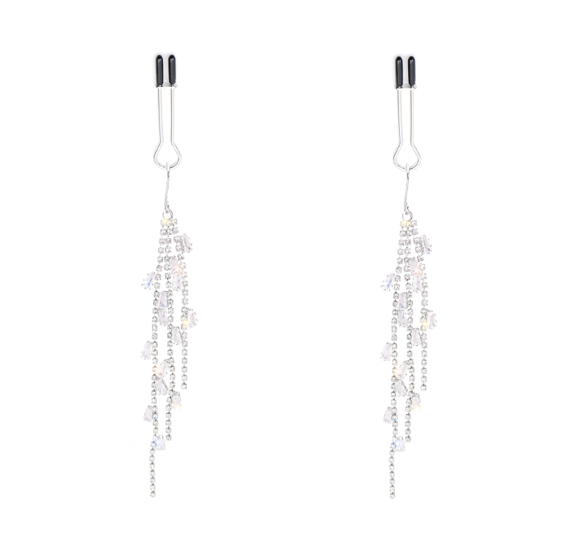 A pair of silver-tone non-piercing clips with clear crystal-look fringe